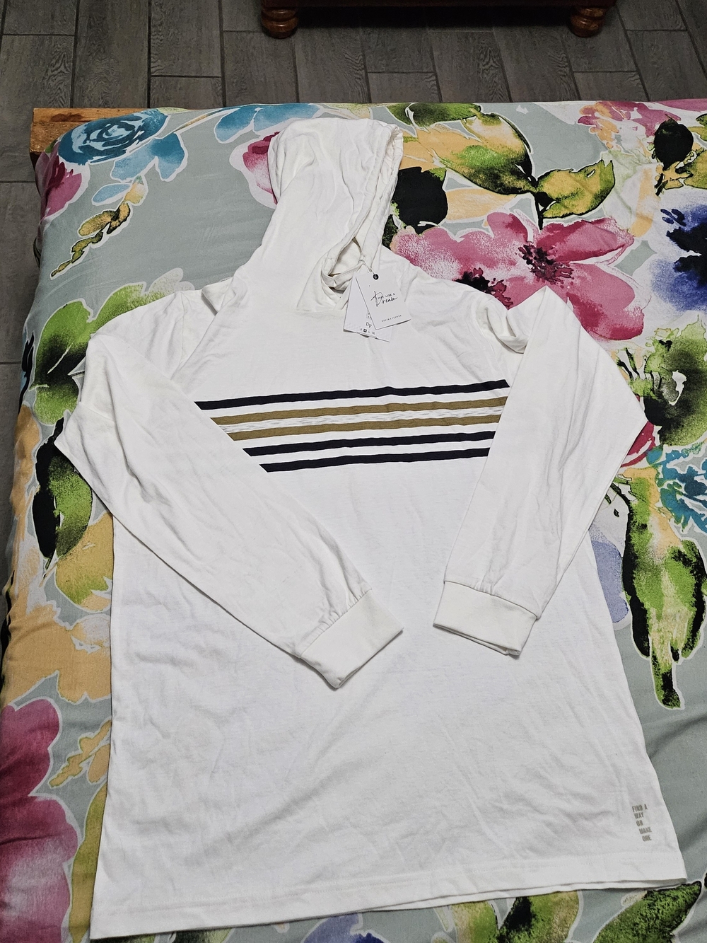 Denim & Flower White Hooded Long-Sleeve Tee with Black & Gold Stripes